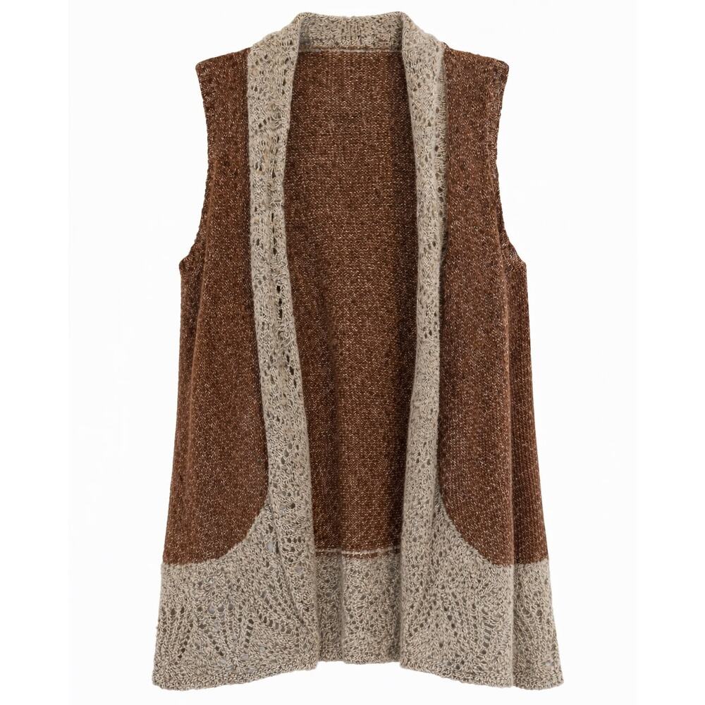 Ponsesa Knit Sleeveless Vest Brown Beige Lace Trim Open Front - Large